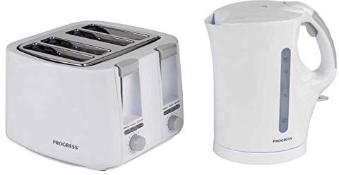 Progress COMBO-3654 Kettle and Toaster Set – 4 Slice Anti-Jam Auto-Centring Toasting Slots, 1.7 L Electric Kettle with Easy Grip Handle, Limescale Filter, Compact Design, BPA-Free, 2200/1500 W, White