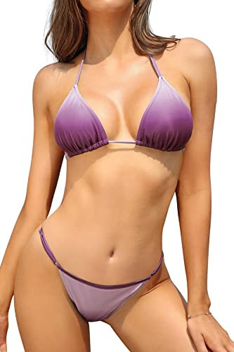 SHEKINI Costume da Bagno Due Pezzi Donna con Lacci Imbottito Halter Bikini Set Triangolo Vita Bassa Brasiliano Perizoma Bikini da Spiaggia(XS, Viola Sfumato)