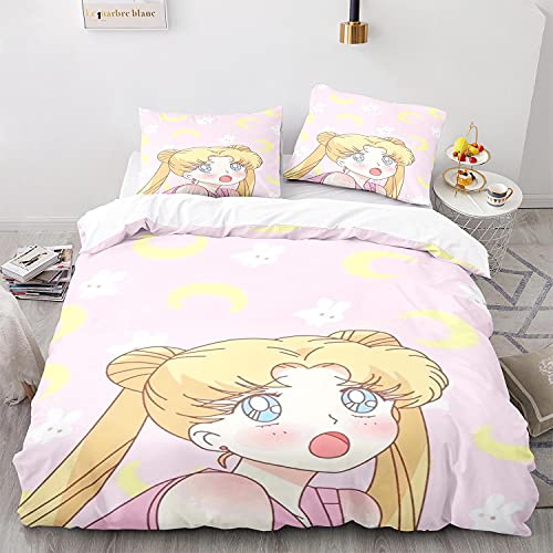 NICHIYOBI Sailor Moon Bettbezug Bettwäsche Set - Bettbezug und Kissenbezug,Mikrofaser,3D Digital Print dreiteiliger Bettwäsche (1,Single 135x200cm)