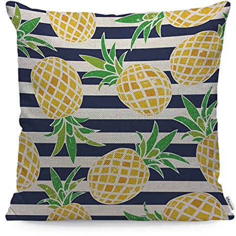 WONDERTIFY Ananas-Kissenbezug, Sommer, Strand, Ananas-Streifen, dekorativer Überwurf-Kissenbezug, Sofakissen, blau, gelb, grün, 45 x 45 cm