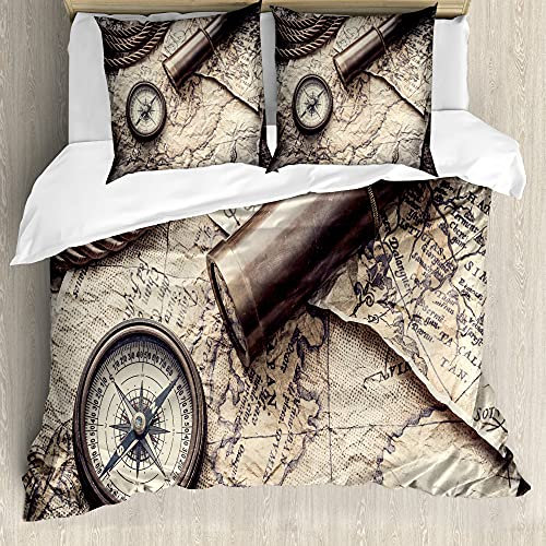 ABAKUHAUS Kompass Bettbezugs Set Für Doppelbetten, Nostalgischer Maritime Werkzeuge, Milbensicher Allergiker geeignet mit Kissenbezügen,Beige Taupe