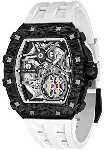 TSAR BOMBA Herrenuhr Automatik Carbon Fiber Uhren Herren- Japanisches Mechanische Uhrwerk-Saphirglas - 52M Wasserdicht-Lünette aus Kohlefaser-Silikonarmband-Luxus Leuchtend Quadratische Uhr