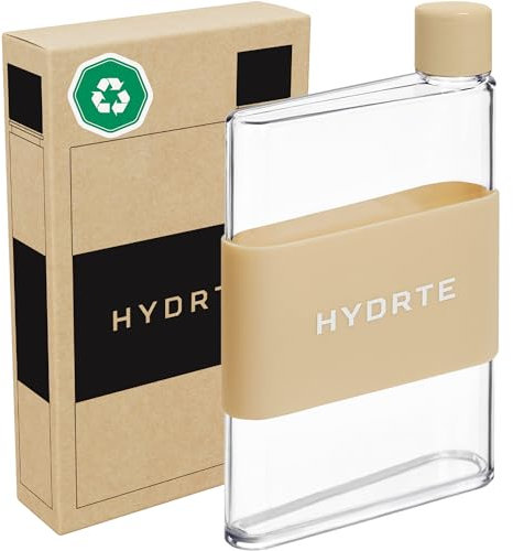 Hydrte Bouteille d'eau plate | Plastique plat anti-fuite, sans BPA | La bouteille fine de sac à main ultime | Se glisse dans n'importe quel sac (350 ml, brun neutre)