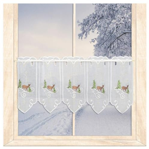 atelier alles-Spitze Stickerei-Scheibengardine Winterhirsch HxB 30x80 cm | atelier alles-Spitze Kurzgardine, Winterliches Waldmotiv Weiß-Gold-Braun-Grün, Halbtransparent