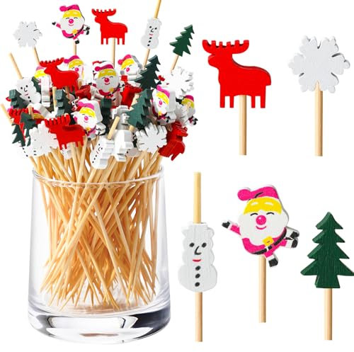 Bekeify Navidad Palillos de Cóctel 200 Pzas Brochetas de Frutas 12cm palitos de Cóctel de Madera Brochetas para Picoteos Palillos de Frutas Decorativos Papá Noel Reno Copo de Nieve Christmas Pinchos