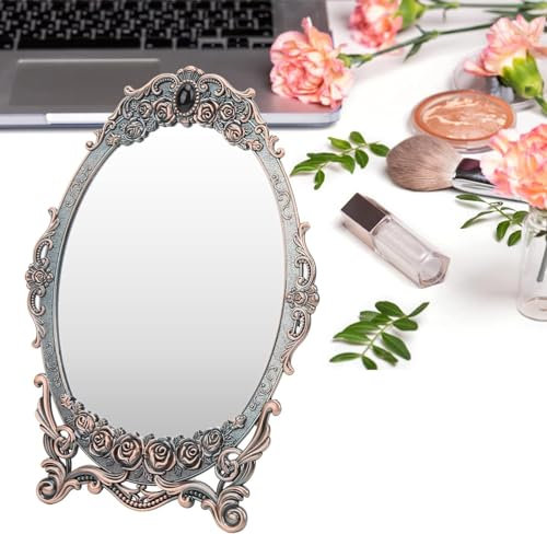 Fyearfly Vintage Oval Make up Spiegel, Tischspiegel mit Ständer Desktop Schminkspiegel Antiker Spiegel, Blumengeprägter Arbeitsplatten Schminkspiegel für Frauen Mädchen (Rotes Kupfer)