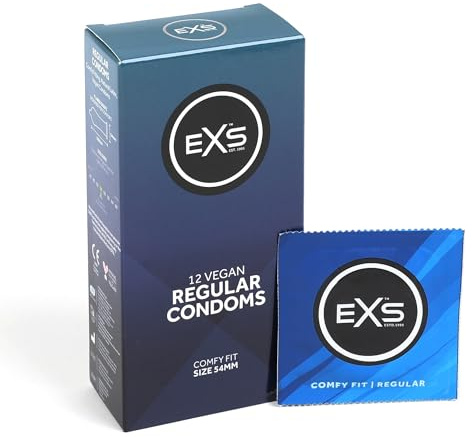 EXS Regular Condoms (12 Pack) Regular Fit, Premium Latex with Non-Spermicidal Lube, Flared with Teat, PETA-Approved Vegan Condom, 3 Year Life - CE Marked NHS Approved Male Condoms