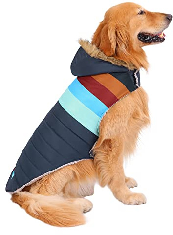 HDE Dog Puffer Jacket Fleece Lined Warm Dog Parka Winter Coat with Harness Hole Navy Retro Stripe - XL