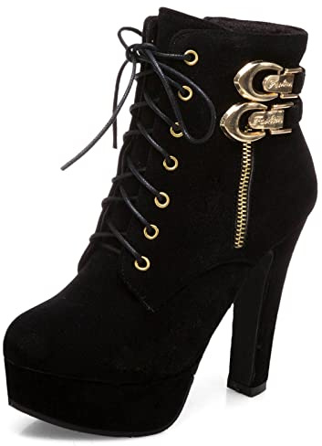 Viéctaa Bottines Femme à Lacets Talon Haut Boots Hiver Sexy Plateforme Suède Chaussures Soirée Noir 46