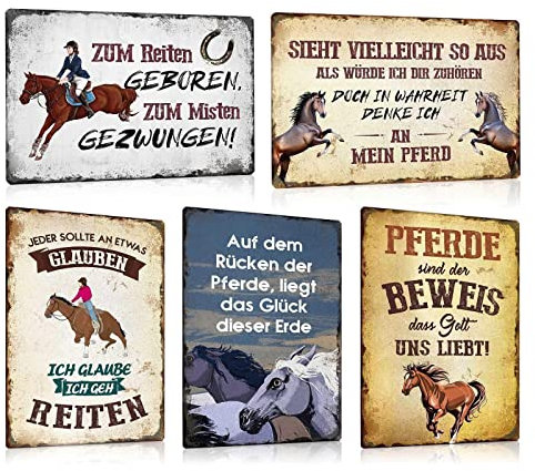 ESFIVHO 5er Set Vintage Pferde Blechschild - Metallschild mit Lustig Spruch - Retro Boxenschild Pferdeschild Weideschild - Schild Geschenke für Pferdeliebhaber und Reiter 20x30cm