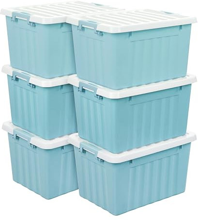 Cetomo 15L*6 Storage Boxes with Lids, Plastic Storage Bins with Latching Buckles, Click Closure, Stackable, Nesting, Organizer for Home Office Clothes, Blue, 15L-6 Pack
