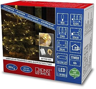 Konstsmide LED Tropfenlichterkette, mit 6h Timer und Multifunktion, 80 bernsteinfarbene Dioden, batteriebetrieben, Außen (IP44), transparentes Kabel, 4 x AA 1.5V (exkl.) - 3764-803