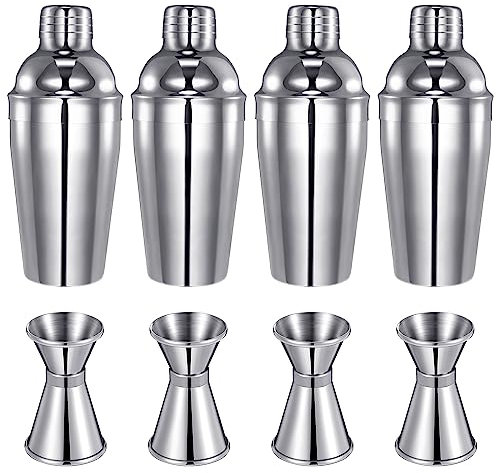4 Packs Cocktail Shaker Set Martini Shaker Bulk Stainless Steel Martini Mixer with Strainer and Double Measuring Jigger for Bar Party Home Use Wine Bar Mixing Tool(18 oz/ 550 ml)