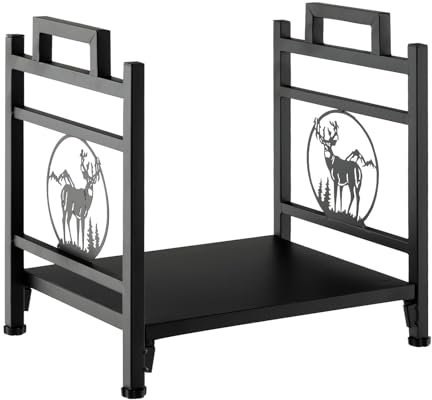GOPLUS Range Buches Cheminée en Métal, Chauffage avec Base Surélevée et Pieds Réglables, Porte-Bûches Décoratif avec Motifs d’Élan, pour Terrasse, Salon, 46X34X45 CM, Noir (Wapiti + montage)