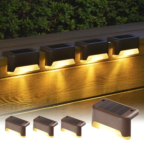 GIGALUMI Luci solari da terrazza, 4 pezzi, luci solari in bronzo, impermeabili, per vialetti, cortili, scale, gradini e recinzioni (bianco caldo)