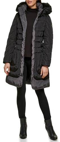 GUESS Damen Women's Midweight Puffer Jacket Daunenalternativer Mantel, Schwarz mit Gürtel, S