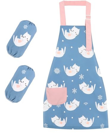 Figarge Kinderschürze Verstellbar Wasserdicht Schürze Kinder Kinderschürze mit Taschen für 3-10 Jahre Junge Mädche Kochschürze Kinder für Küche Kochen Grill Backen Malerei Party(Blaues Kätzchen)