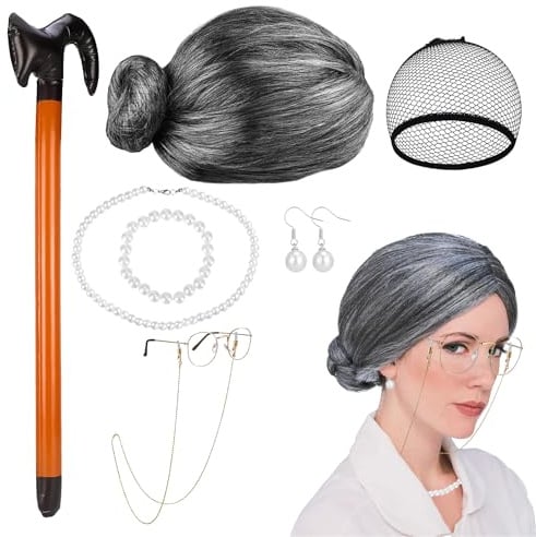 7 Stück Oma Kostüm Oma Perücke Old Lady Wig Cap Graue Perücke Grau Anziehsets Passende Perlenkette Armband Ohrringe Brille und Spazierstock für Cosplay Halloween Karneval und Faschingsveranstaltungen