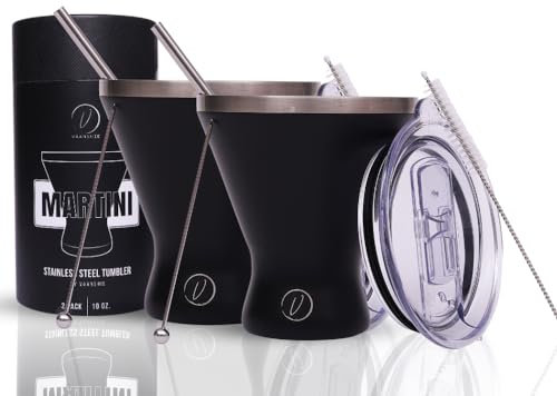 vaanshie Stainless Steel Martini Glass [Pack of 2] – 10oz Black, Powder Coated, No Sweat, Double Wall Margarita Tumbler for Cocktails and Cold Drinks | Perfect for Mother's Day Gift