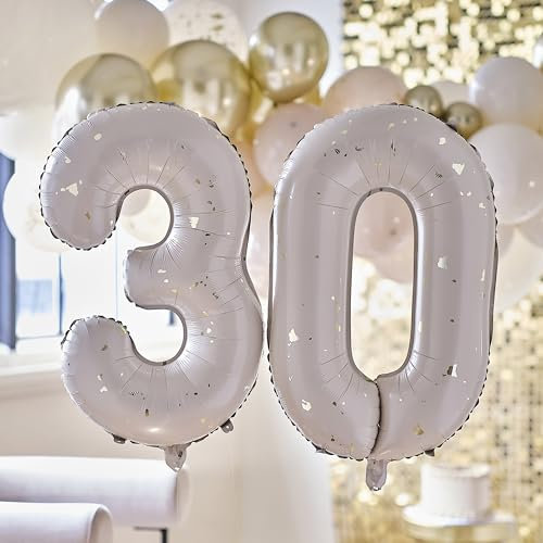 Ginger Ray 30th Birthday 2 Foil Number Neutral & Gold Speckle with Inflation Straw Milestone Balloon Bundle-26 Inches