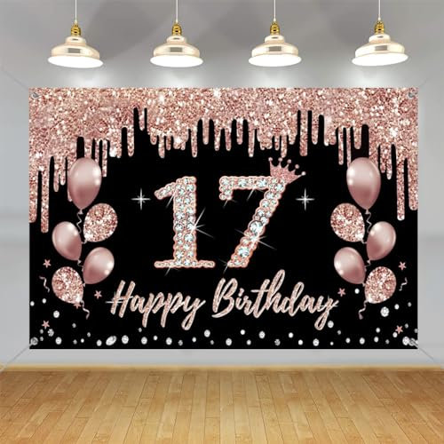 17. Geburtstag Dekorationen für Mädchen - Party Dekoration Schwarz und Roségold, Stoffschild, Hängende Poster, Hintergrund Banner, Willkommensschild