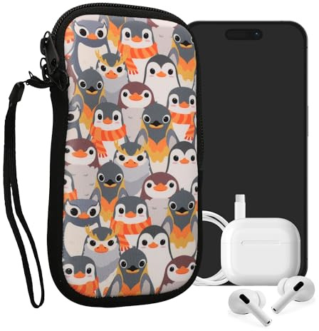 kwmobile Handytasche für Smartphones M - 5,5 - Neopren Handy Tasche Hülle Cover Case Schutzhülle - Pinguine Grau Gelb Braun - 15,2 x 8,3 cm Innenmaße