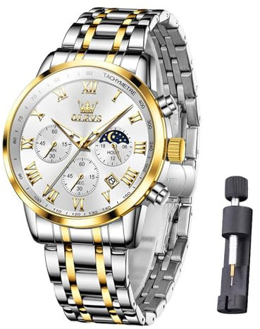Raitown Uhr Herren Edelstahl Chronograph Mondphase Wasserdicht Analog Quarz Armbanduhren Stylisch Klassisch Armbanduhr für Männ Herr Uhr Silber Gold