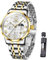 Raitown Uhr Herren Edelstahl Chronograph Mondphase Wasserdicht Analog Quarz Armbanduhren Stylisch Klassisch Armbanduhr für Männ Herr Uhr Silber Gold