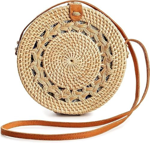 Theaque Sac rond en rotin pour femme – Sacs en paille faits à la main – Sac à main en osier – Sac à bandoulière bohème, Marron-2., as shown