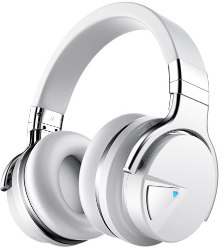 GarageRock E7 Active Noise Cancelling Headphones Bluetooth Headphones Wireless Headphones Over Ear with Microphone Deep Bass, Comfortable Protein Earpads, 30 Hours Playtime for Travel/Work, White