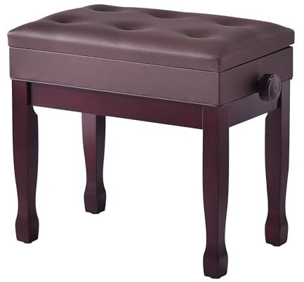 FILISITE Adjustable Height Piano Bench Stool PU Leather Cushion Wooden Keyboard Seat with Music Storage (Brown)