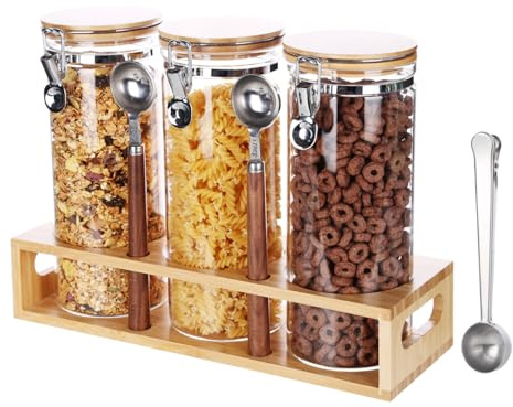KKC Glas Kaffeedose Luftdicht 500g mit Deckel - Kaffeebohnen Behälter aus Glas Aufbewahrung - Kaffee Aufbewahrungsdose mit Regal - Kaffeepulver Behälter mit Löffel - Kaffeebehälter 3er Set 1500ml