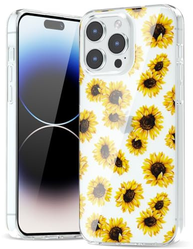 Svanove for iPhone 14 Pro Case Flower, Girly Cute Clear Floral Aesthetic Design, Slim Thin Transparent Hard Shell Plastic Phone Case for Women Girls, Trendy Elegant Pattern, Sunflower