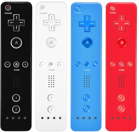 AUFGLO Wii Controller 4er Pack - Wii Fernbedienung mit Silikonhülle und Handschlaufe (Schwarz - Weiß - Rot - Blau)