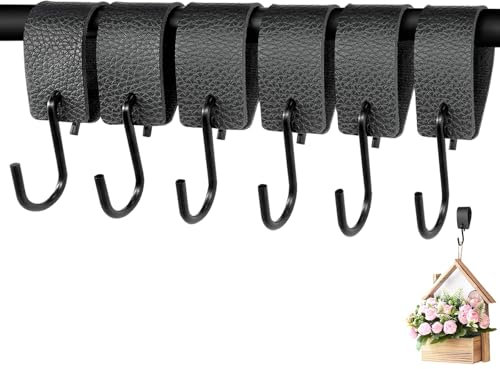 NVGVUP 6 Stück S Haken Mit Lederschlaufe, Schwarz Kleiderhaken, Haken zum Einhängen, Haken für Kleiderstange, Fleischerhaken Leder