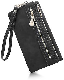 Alster Herz* Geldbörse Damen groß mit vielen Fächern und Münzfach, Portemonnaie aus mattem veganem Leder, Geldbörse mittelgroß mit Reißverschluss, große Kapazität (Schwarz)