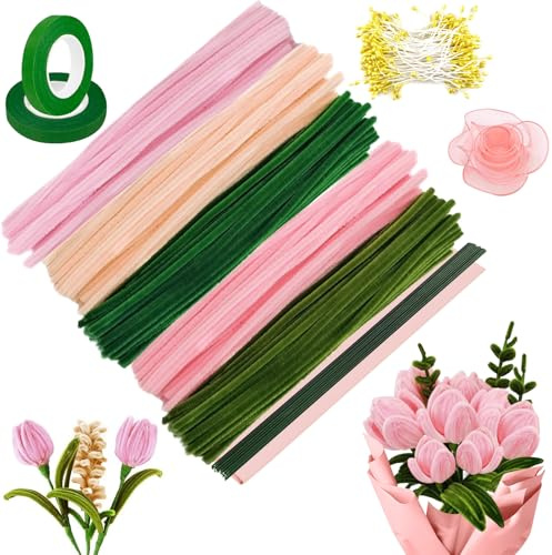 Pfeifenreiniger Set,250 Stück Pfeifenputzer zum Basteln+20 Grün Basteldraht | +1 Geschenkband+2 Klebeband+150 Blumen Staubblatt+2 Geschenkpapier,Pfeifenreiniger Blumen,für Blumenstrauß DIY