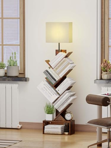 yeshine Bücherregal Baum mit Licht, 6 Ebenen Standregal (Braun) | LED‑Beleuchtung mit 3 Farbtemperaturen,Stauraum für Bücher, CDs & DVDs,Mit Kippschutz‑Vorrichtung,Geeignet für Wohn‑, Schlaf