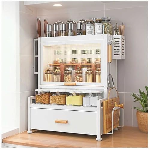 Metal Countertop Cupboard with Drawers, Tabletop Kitchen Storage Cabinet with Seasoning Box, Hook, Knife Holder, Kitchen Buffet Sideboard for Spices, Dishes, Pots,White,41×52cm/16×20.5in
