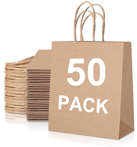 Aenienoe 50 Stück Papiertüten Kraftpapiertüten mit Henkel Geschenktüten Tüten Krafttaschen mit Griffen 27x21x11cm