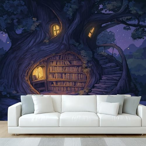 Generisch Tapete Bücherregal Wohnzimmer Schlafzimmer, Fototapete Fantasy Baum Bibliothek Buch Wand Deko, Wallpaper, Wandtapete, Mustertapete, Vliestapete, 200 x 140 cm &ZDCS
