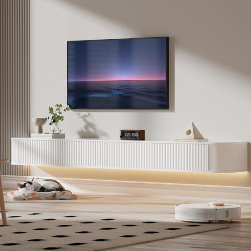 PURFINO Schwebender TV Schrank mit RGB-LED-Leuchten – 220CM Wandmontierter Fernsehschrank Weiss mit 31cm Tiefe und Verbessertem Stauraum, Moderne TV Unterschrank für 85-95 Zoll Fernseher
