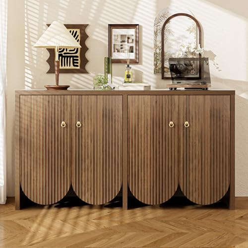 Buffet aspect noyer 147 × 40 × 80 cm - Armoire avec 4 portes et étagères réglables - Design rainuré moderne et poignées en aluminium - Grand espace de rangement pour salon, salle à manger et couloir