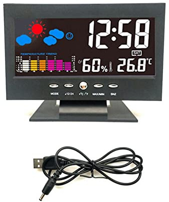 Qusedwey 1Set Lcd Color Screen Digital Snooze Alarm Clock Temperature Humidity Time Date Display Clock Home Black