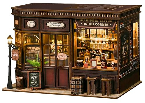 GLEAMUNO Corner Tavern Book Nook & 3D Puzzle - Vintage Weinbar Holzpuzzle Erwachsene mit LED - Miniatur Haus Bausatz als Geschenk