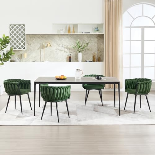 KHISCHMO Samt Esszimmerstühle 4er Set Schalenstuhl mit Armlehne in Knoten Optik Küchenstühle mit handgeflochtenen Rückenlehne Schminktisch Stuhl für Küche, Wohnzimmer, Büro, Grün