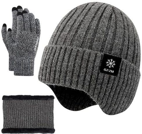 FOSDICK Mütze, Schal & Handschuh-Sets für Herren Damen, Beanie Mütze Herren Winter Schlauchschal Touchscreen Handschuhe, Wintermütze Halswärmer Gloves, Strickmützen Neckwarmer Thermo Handschuhe, Grau