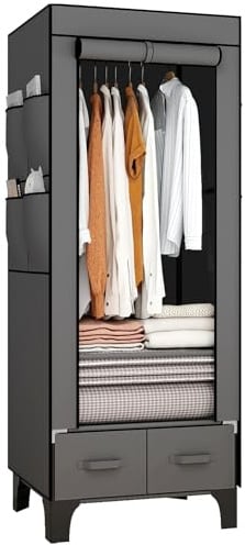 OPPAIYA Kleiderschrank Stoff Schmal, Stabiler Kleiderschrank Klein mit 2 Schubladen, Faltschrank mit 8 Seitentaschen & Abdeckung, Garderobe für Camping & Schlafzimmer, Schwarz, 59x45x160 cm Schwarz