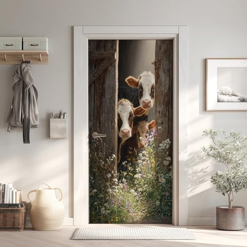 Küh Türtapete Türposter Türfolie Selbstklebend PVC, Bauernhof Türaufkleber Abnehmbar Wasserdicht 95x205 cm, Tier Fototapete für Tür Wohnzimmer Kinderzimmer