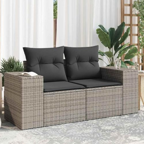 Runheo Gartensofa 2-Sitzer mit Kissen, Grau Poly Rattan, Stauraum, wasserfester Beutel, UV-beständig, 186 cm breit für Terrasse & Garten